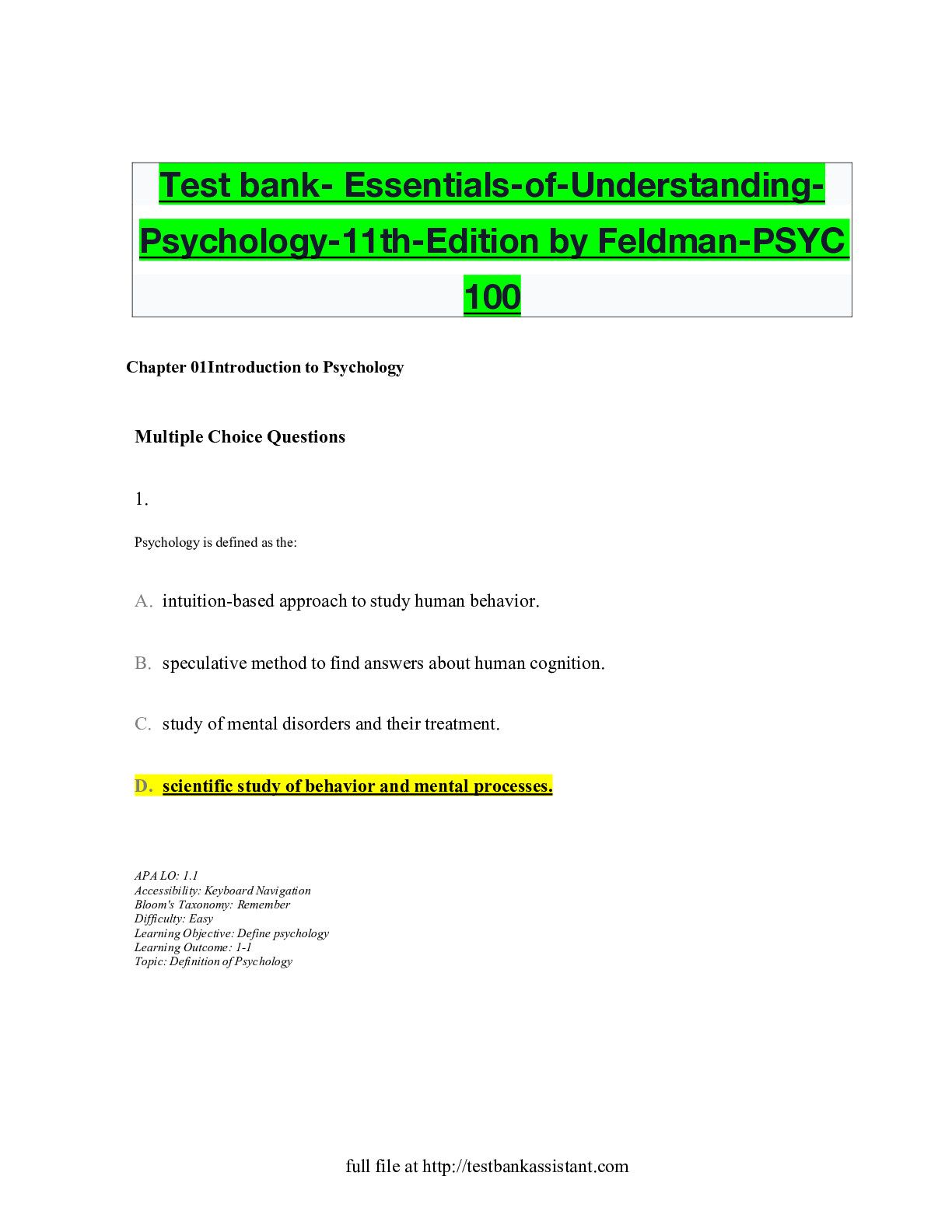 Preview of Test bank- Essentials-of-Understanding-Psychology-11th-Edition by Feldman-PSYC 100